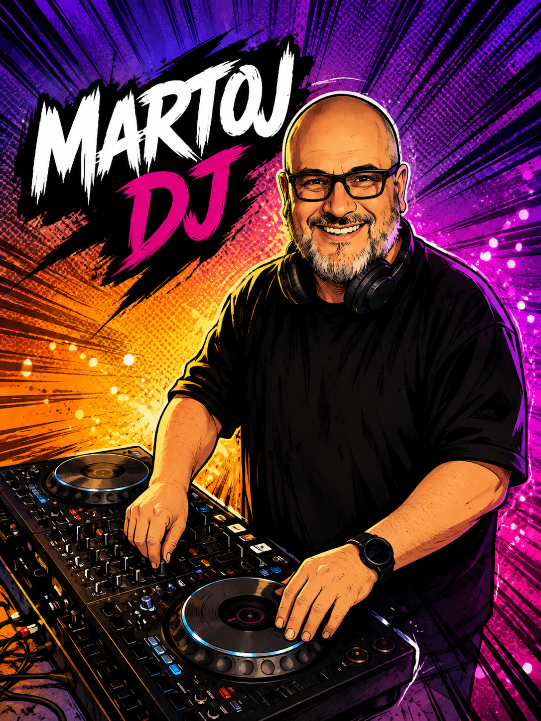 Ilustración estilo cómic de Martoj DJ con su controladora
